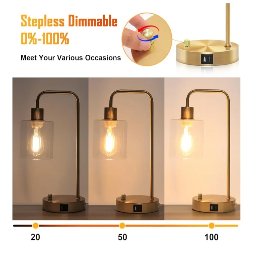 Gold Industrial 3-Way Dimmable Touch Control Table Lamps w/ USB Ports (Set of 2)